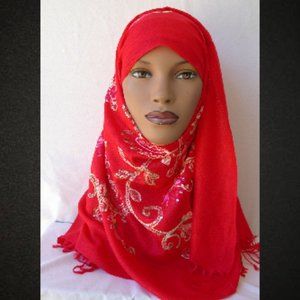 Red Embroidered Scarves Sequined Hijab 26 x 70 Shawl Shoulder Wrap